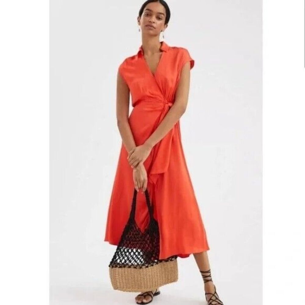 Maeve Womens Small Wrap Open Back Sleeveless Hi Low Satin Dress Orange